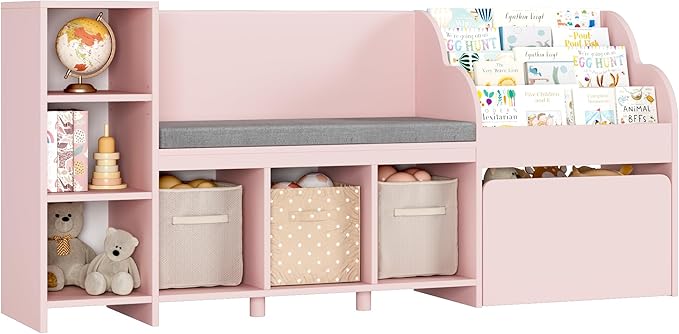 HOSTACK 67" Kids Reading Nook with Bench, Kids Bookshelf and Bookcase with Seat Cushion and 6 Storage Cubbies, Toy Storage Box on Wheels, Toy Chest for Playroom, Bedroom, School, Pink-Ruum Studio Home