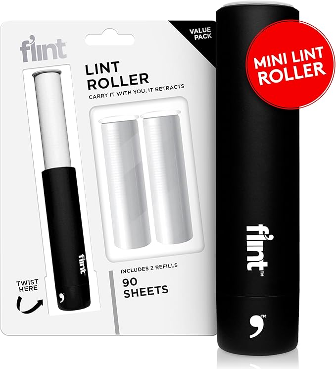 Flint Classic Black Retractable Mini Lint Roller with 90 Extra Sticky Sheets, Small and Portable Lint Roller, Ideal Pet Hair Remover, Travel Lint Rollers for pet Hair Extra Sticky-Ruum Studio Home
