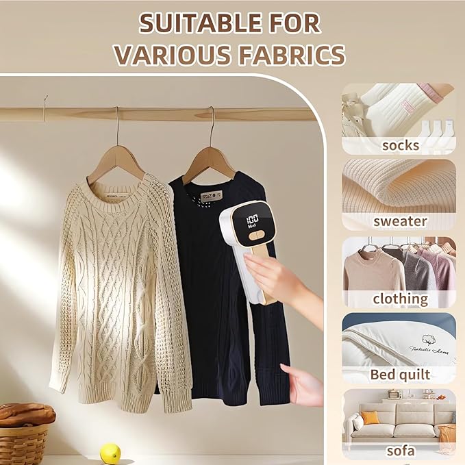 Rechargeable Lint Remover, Fabric Shaver Fuzz Remover, Sweater Shavers with 6-Leaf Blades, 3-Speeds Digital LED Display to Remove Pilling for Clothing and Furniture, Lint Ball, White-Ruum Studio Home