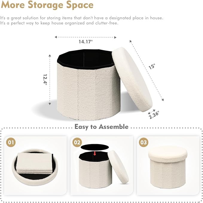 B FSOBEIIALEO Storage Ottoman Cube, Round Ottomans with Storage Foot Stool Footrest for Lving Room, Boucle Ottoman Seat for Dorm Room,Faux Teddy Fur, Cream White 15"x15"x15"-Ruum Studio Home