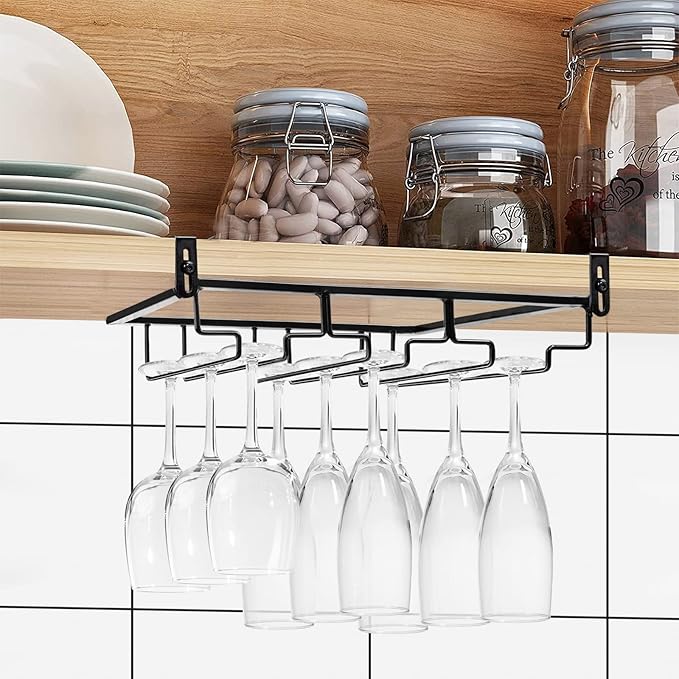 AUHOKY 2Pcs Adjustable Wine Glass Rack Under Cabinet, Punch-Free 3 Rows Stemware Metal Holder, Hanging Glass Storage Hanger Organizer for Shelf Kitchen Bar Decor (3 Rows, Black)-Ruum Studio Home