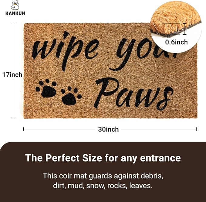 KANKUN Coco Coir Door Mat with Heavy Duty Backing, Welcome Doormat (17" x 30"), Doormat Entrance (Wipe Your Paws)-Ruum Studio Home