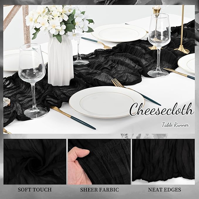 10FT 20 Pack Black Cheesecloth Table Runner 20 x 120 Inch Long Boho Fabric Rustic Cheese Cloth Table Runner for Wedding Bridal Shower Baby Shower Gauze Sheer Birthday Party Table Decorations-Ruum Studio Home
