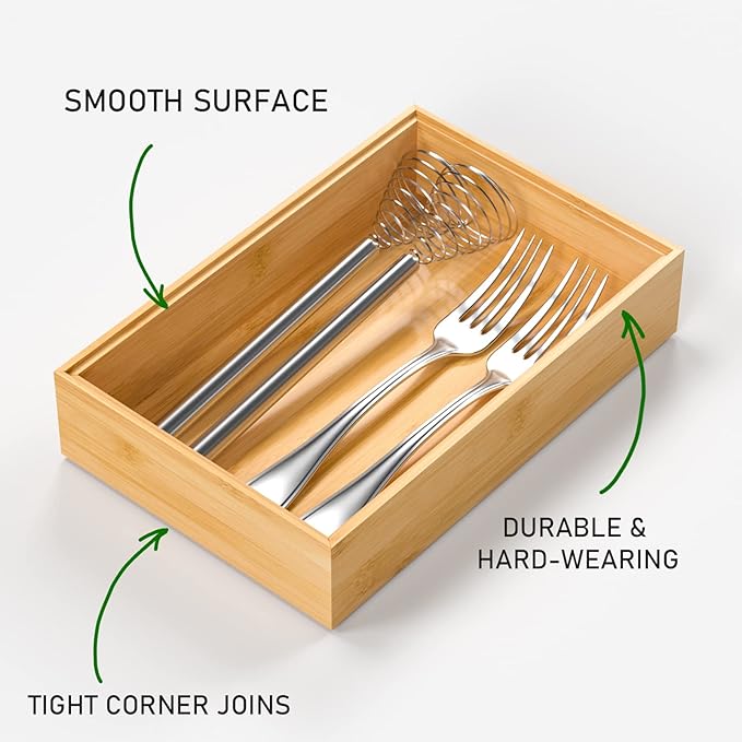 Silverware Tray for Drawer, Stackable Kitchen Bamboo Drawer Organizer 9" x 6" x 2" Set of 2-Ruum Studio Home