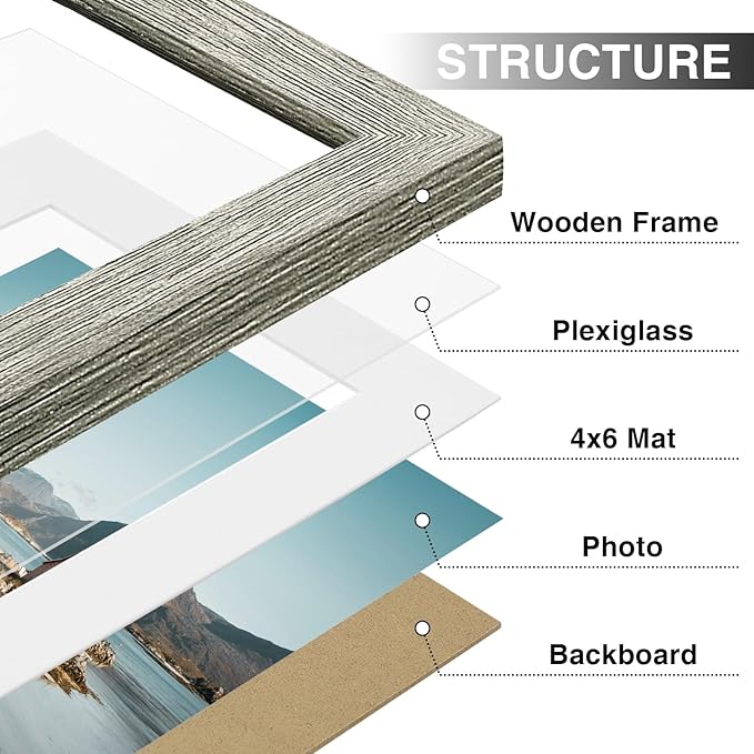 Vittanly 6x8 Picture Frames Set of 9, Shatter Resistant Plexiglass, Display 4x6 Pictures with Mat or 6x8 without Mat, Photo Frames for Wall or Tabletop, Engineered Wood, Grey-Ruum Studio Home