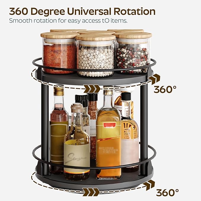 Lazy Susan Organizer, Rotating Spice Rack, 2 Tier Spice Turntable Organizer, Industrial Turntable Spice Holder, for Kitchen Countertop and Cabinet, Compact and Versatile, Black SR22BK-Ruum Studio Home