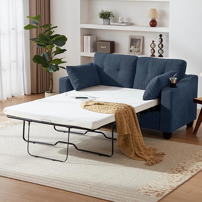 Pull Out Sofa Bed, Full Size Sleeper Sofa, 2-in-1 Convertible Corduroy Couch with USB Charging, Memory Form Couch for Living Room, Apartment and Small Space (Navy Blue, Corduroy - Full Size)-Ruum Studio Home