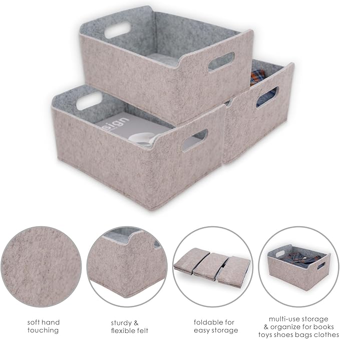 Welaxy Storage Baskets Collapsible Felt Storage bin Foldable Shelf Drawers Organizers for Kids Pet Toys magazine Books Clothes Closet Cabinet decluttering (Oatmeal +Gray)-Ruum Studio Home