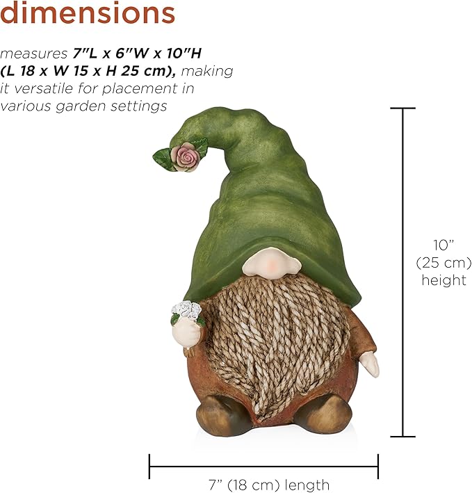 Alpine Corporation QWR1442 Outdoor Gnome with Green Hat Holding a Flower for Garden, Patio, and Lawn, 10" H, Multicolor-Ruum Studio Home