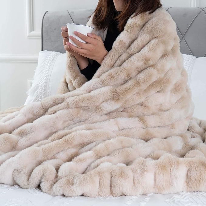 BATTILO HOME Ruched Luxurious Soft Beige Faux Fur Throw Blanket Fuzzy Plush Elegant with Reversible Mink Blanket for Sofa,Chair, Couch, Living Room, Home Decorative Blanket Tie dye (Beige, 50"x60")-Ruum Studio Home