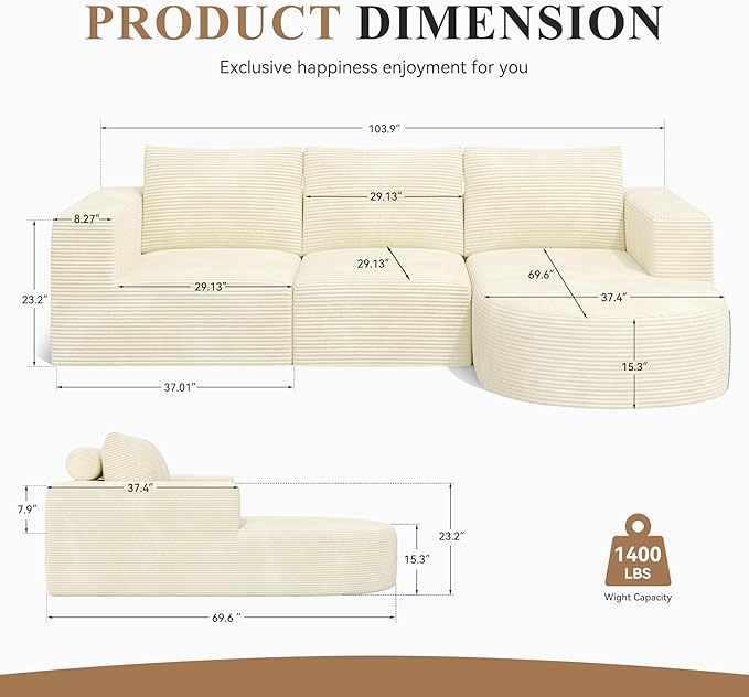Modular Sectional Sofa with L-Shape Chaise,Cloud Sectional Modern Sleeper Couch with Deep Seat,Sponge Compression Sofas No Assembly Required(Beige-Corduroy Fabric) 1PCS-Ruum Studio Home