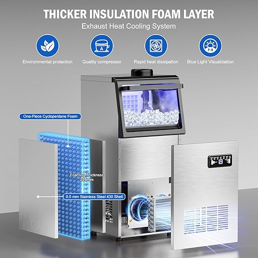 Commercial Ice Maker Machine 120 LBS/24H, 40 Ice Trays Freestanding & Undercounter Ice Machine Stainless Steel with 20 LBS Ice Storage Capacity, Ice Maker with Water Line and Filter, Dual Water Inlet-Ruum Studio Home