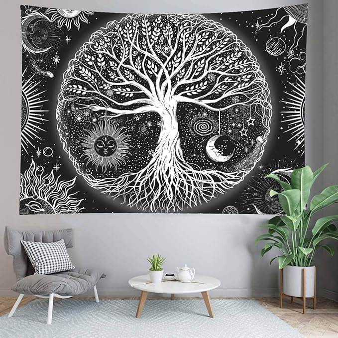 FORATER Tree of Life Tapestry Wall Hanging, Sun and Moon Aesthetic Wall Tapestry Black and White Tapestries Home Decor for Living Room Bedroom(53 x 61 Inch, Black and White)-Ruum Studio Home