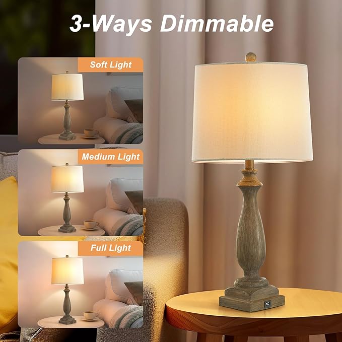 𝟐𝟔-𝐈𝐍𝐂𝐇 Rustic Table Lamp Set of 2 for Living Room, Vintage Farmhouse Bedside Lamp with USB Charging Port, 3 Way Dimmable Resin Nightstand Lamps with White Shade for Bedroom, End Table-Ruum Studio Home