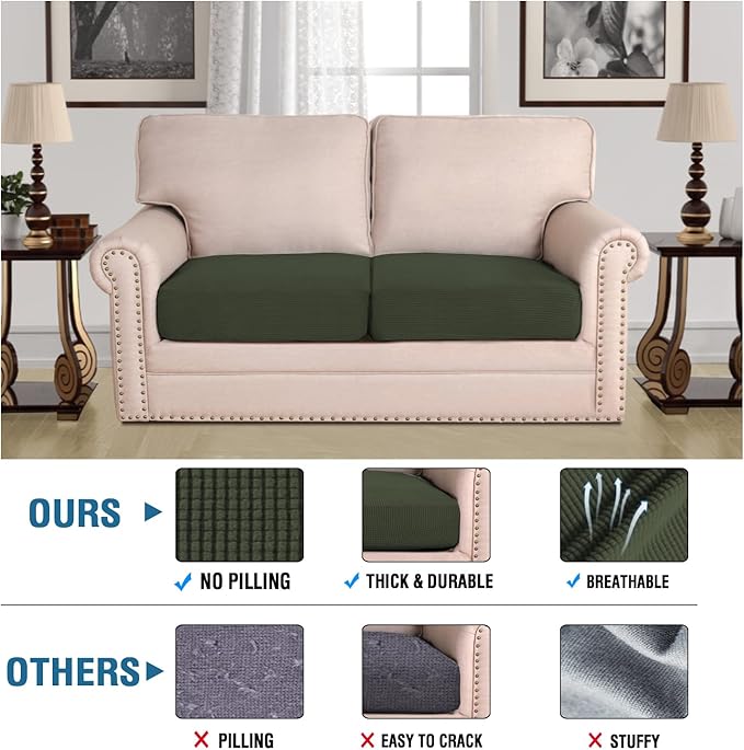H.VERSAILTEX Super Stretch Individual Seat Cushion Covers Sofa Covers Couch Covers Slipcover Sets Thick Jacquard Textured Twill Fabric (2 Piece Large Sofa Cushion Covers, Olive)-Ruum Studio Home
