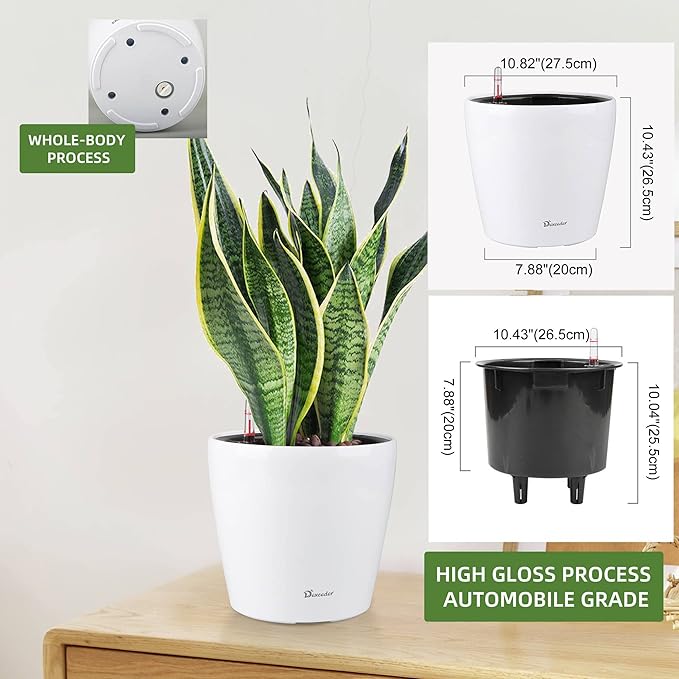 Dexceder 11x10 Inches High Gloss Self Watering Planter Indoor Outdoor, Inner Pot Design, Thickened Table Flower Plant Pot with Water Level Indicator (White)-Ruum Studio Home