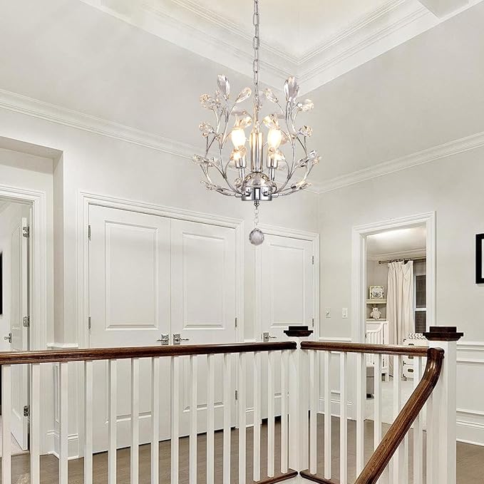 Ganeed 3-Light Branch Crystal Chandelier, Small Flush Mount Vintage Pendant Hanging Lighting, K9 Crystal Farmhouse Ceiling Light for Dining Room Bedroom Living Room Kitchen Hallway, Chrome Silvery-Ruum Studio Home