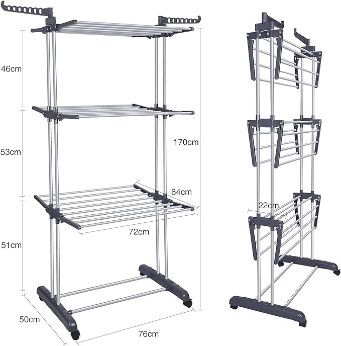 Bigzzia Clothes Drying Rack Folding Drying Rack Clothing 4 Tier Clothes Horses Rack Stainless Steel Laundry Drying Rack with Two Side Wings Grey-Ruum Studio Home