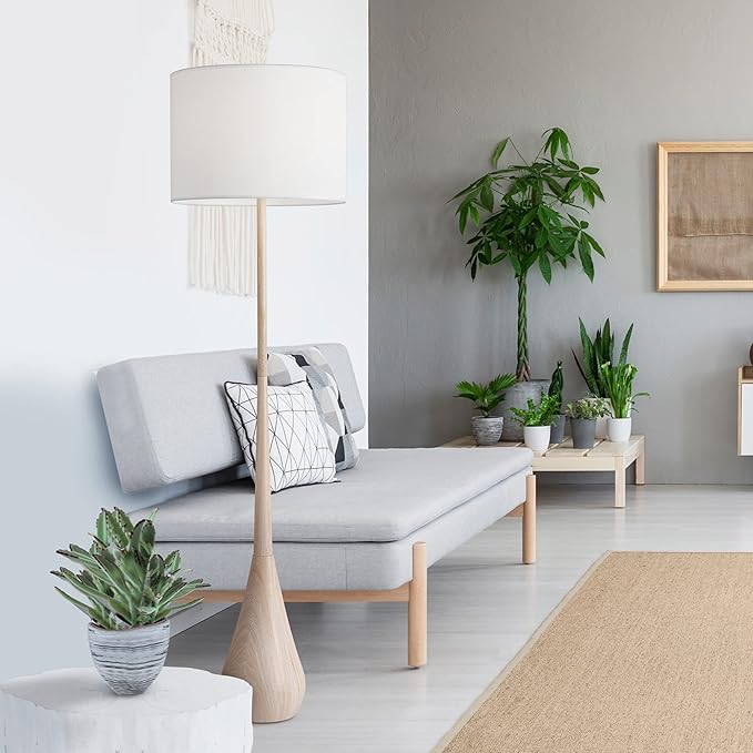 GLOBE Electric 52112 65" Floor Lamp, Faux Wood Finish, White Cotton Shade, Japandi Style, E26 Base, Modern Bedroom and Living Room Lighting-Ruum Studio Home