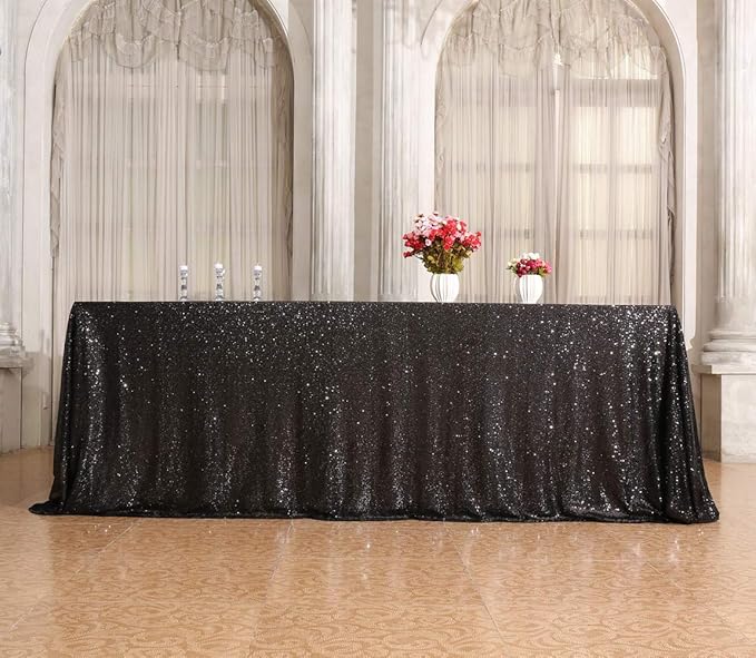 SquarePie Sequin Tablecloth 90 x 156 Inch Black Sparkly Table Linen for Wedding Halloween Party-Ruum Studio Home