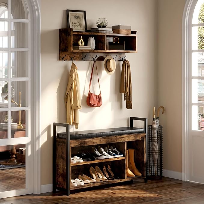 YITAHOME Coat Rack Shoe Bench Set, Wall Coat Rack with Shoe Storage, Industrial Entryway Shoe Bench with Coat Rack, 2 Storage Cubbies with Lip Top for Entryway, Hallway, Rustic Brown-Ruum Studio Home
