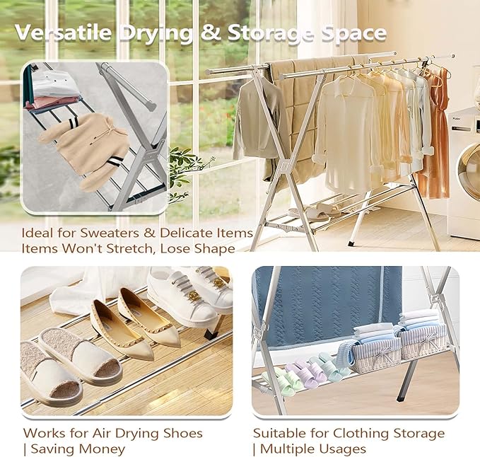 JAUREE Clothes Drying Rack 2 Tiers, Heavy Duty Drying Rack Clothing Folding Indoor Outdoor, Stainless Steel Laundry Drying Rack, Foldable Garment Rack with 20 Windproof Hooks (84 Inches)-Ruum Studio Home