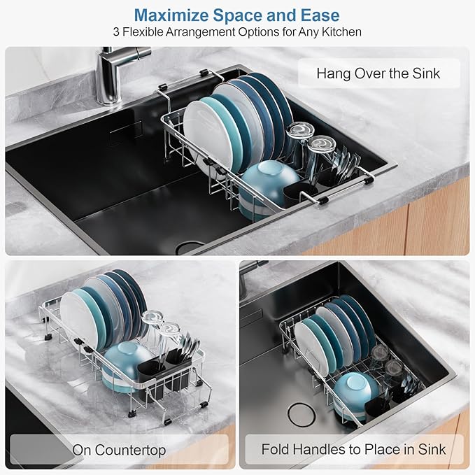GSlife Expandable in Sink Small Dish Drying Rack - Stainless Steel Capacity Adjustable Over The Sink Dish Rack with Utensil Holder, 11.9“-16.7” L x 9" W x 5.7" H, Silver-Ruum Studio Home