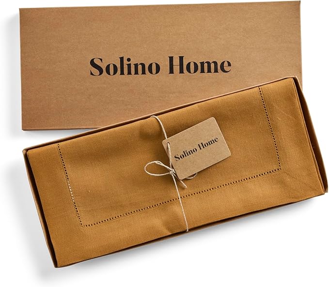 Solino Home Linen Brown Sugar Table Runner 108 Inches Long - 100% Pure Linen 14 x 108 Inch Table Runner for Fall, Autumn, Thanksgiving - Classic Hemstitch-Ruum Studio Home