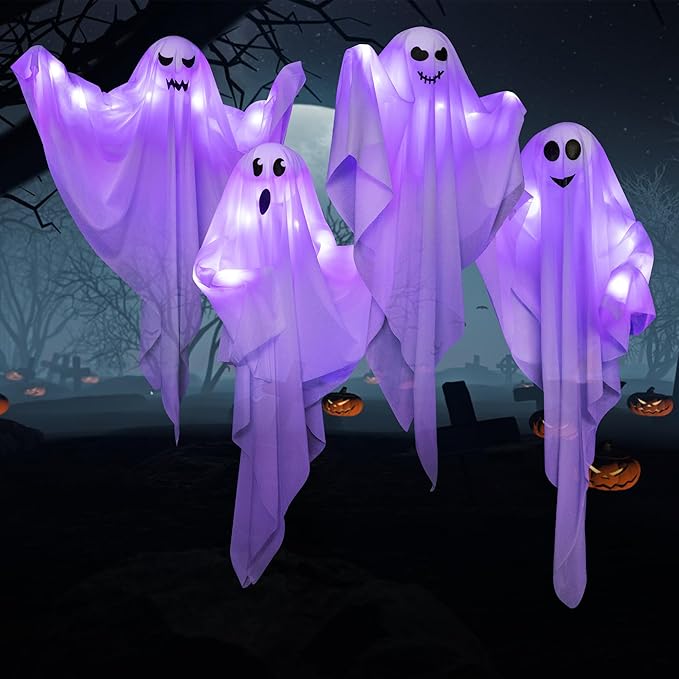 4 Pack Halloween Hanging Ghosts with LED Lights, 27.5 Inch Light Up Ghost Decorations for Indoor Outdoor, Lawn Yard Tree Hanging Halloween Ornaments, Spooky Lighted Party Supplies-Ruum Studio Home
