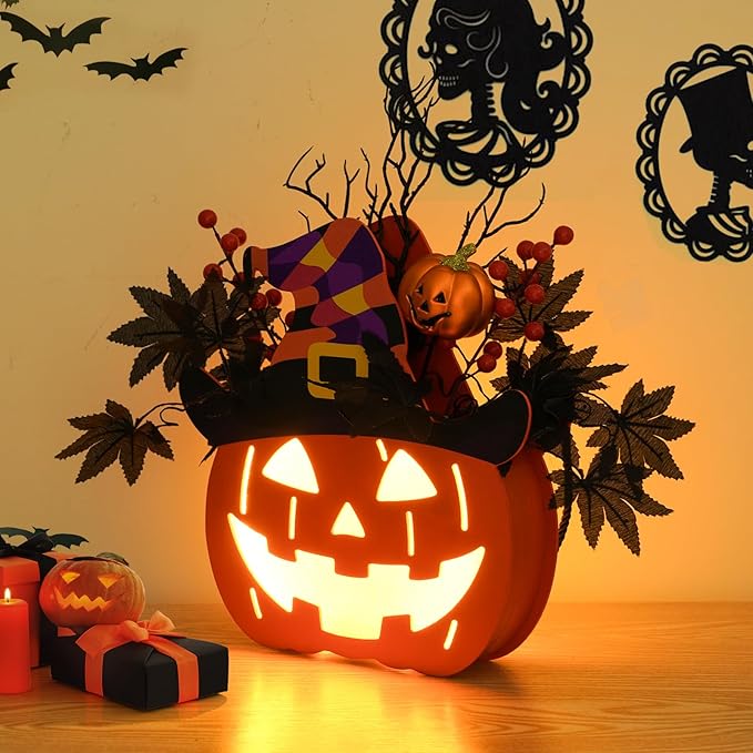 Halloween Pumpkin Decorations, Lighted Jack-O-Lantern with Maple Leaves Berries Witch's Hat, Halloween Wreaths Door Sign Wood Pumpkin for Front Door Indoor Outdoor Yard Party Cartoon Hanger Decor-Ruum Studio Home