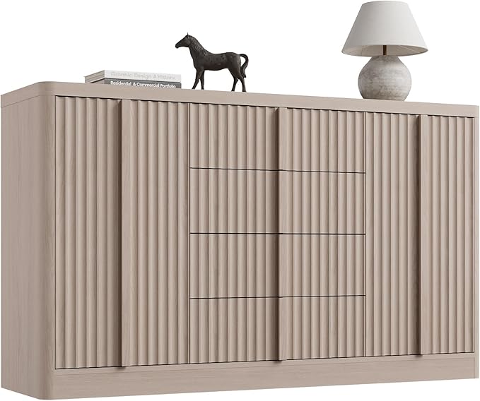 Buffet Cabinet with Storage, 60" Fluted Coffee Bar Cabinet with 4 Drawers & 2 Doors, Solid Wood Handle, Credenza Accent Storage Cabinet for Kitchen Living Dining Room, Natural Oak(1PCS)-Ruum Studio Home
