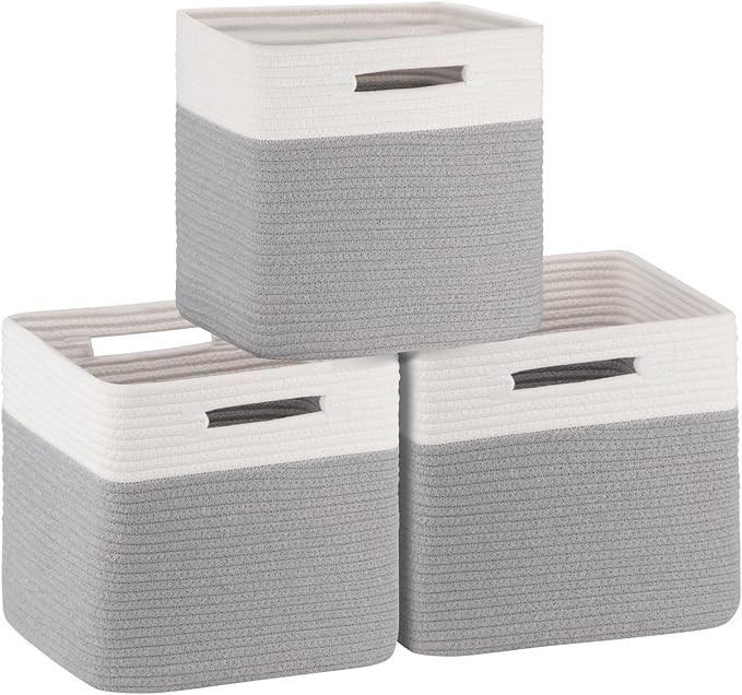 OIAHOMY Cube Storage Basket, 3-Pack Woven Cotton Rope Baskets for Storage, 11-Inch Cube Basket with Handles, Great for Shelves, Closets, Children's Toy Storage and Organization-White & Grey-Ruum Studio Home
