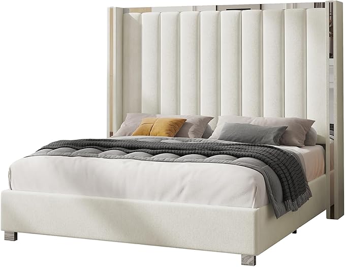 Jocisland King Size Bed Frame with 58" Tall Headboard, Platform Velvet Upholstered Bed with Channel Tufted Wingback Headboard and Plating Trim, No Box Spring Needed, Cream-Ruum Studio Home