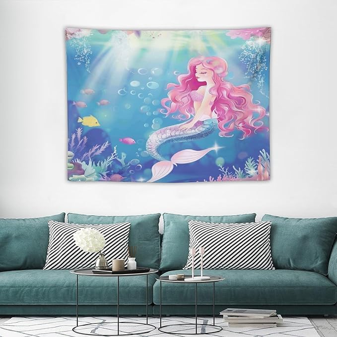 HZOHNAGO Mermaid Girls Tapestry Watercolor Mermaid Princess Pink Hair Pattern for Kids Room Decoration Printed Wall Tapestry Wall Hanging for Bedroom Living Room Dorm 40" W x 30" H-Ruum Studio Home