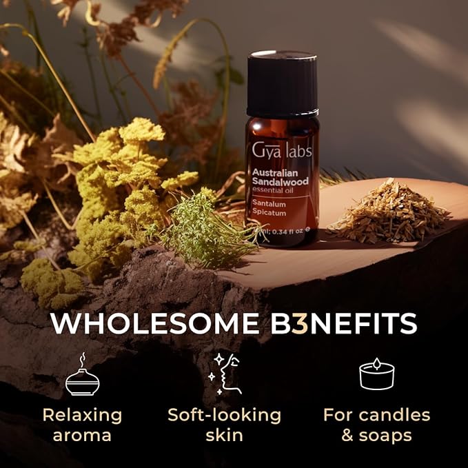 Gya Labs Australian Sandalwood Essential Oil for Skin & Hair - 0.34 Fl Oz - 100% Pure Natural Australian Sandalwood Oil for Diffuser, Aromatherapy Use & Candle Making Scent-Ruum Studio Home