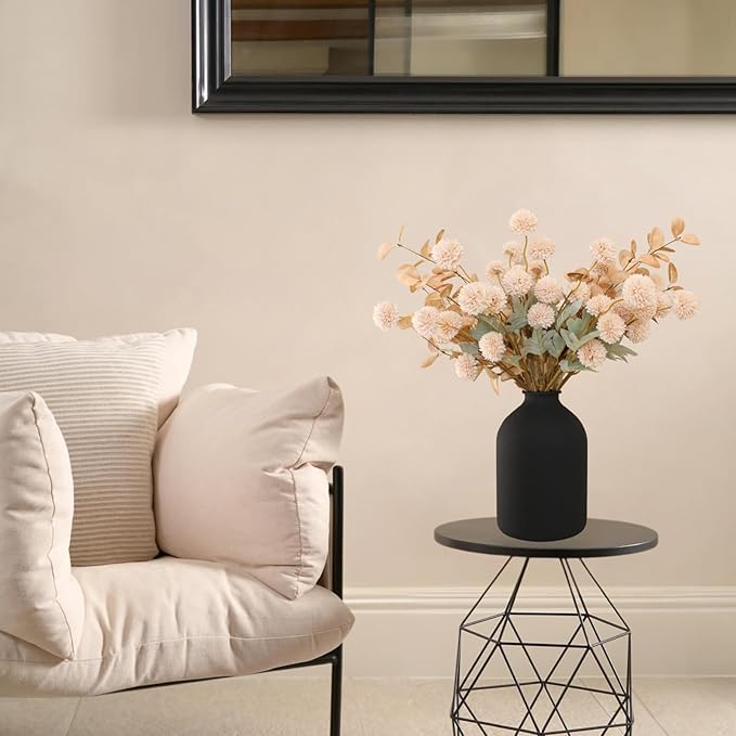 Beige Fake Flowers Silk 10 Stems With Eucalyptus, Faux Flowers For Vase, Artificial Mums Long Stem, Mini Faux Mums Flower Bulk, Tan Nude Cream Neutral Floral, Chrysanthemum Pom Pom Floral Arrangements-Ruum Studio Home