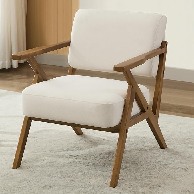 Mid-Century Modern Chair Upholstered Lounge Arm Chair with Solid Wood Frame Thicker Cushion for Living Room, Reading, Balcony, Beige Linen-Ruum Studio Home