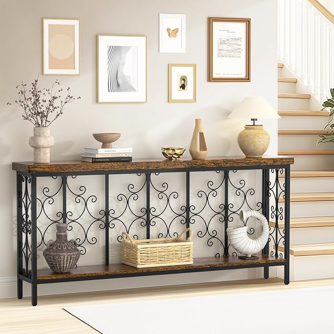 ikkle 70.9" Extra Long Console Table, Industrial Narrow Sofa Table Behind Couch with 2 Tier Storage Shelf, Entryway Hallway Accent Table for Living Room, Foyer, Rustic Brown-Ruum Studio Home