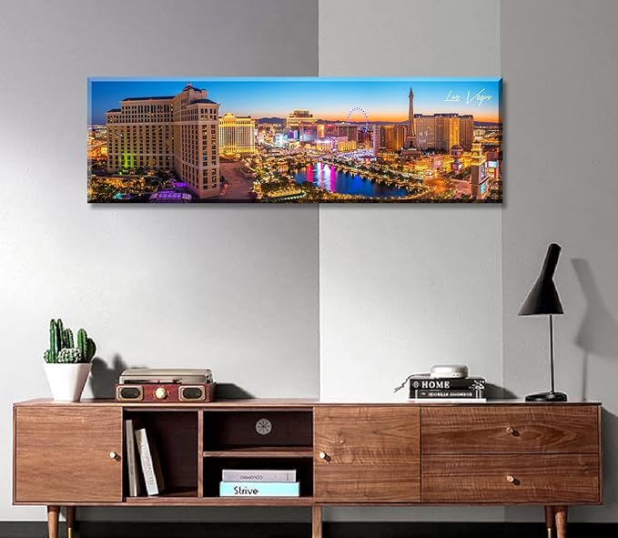 Las Vegas Skyline Wall Art Cityscape Canvas Prints City Modern Building Posters Bellagio Fountain Skyscraper Night View Panoramic Pictures for Home Office Living Room Decor Framed 13.8"x45.3"-Ruum Studio Home