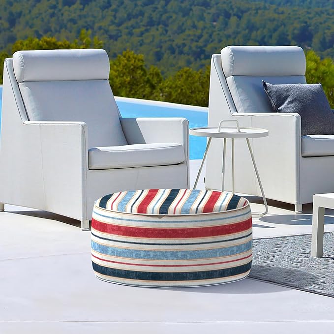 LVTXIII Outdoor Inflatable Ottoman, Fade-Resistant Round Footrest Stool D31”x H14”, Portable Patio Pouf for Garden Camping or Home Use, Stripe Red Blue-Ruum Studio Home