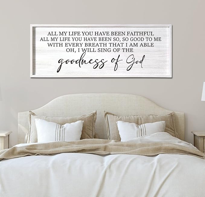 Goodness of God Framed Wall Art, 40''×15'' Positive Religious White Bible Verse for Christian God Jesus Christ Prayer, Vintage Rustic Long Holy Catholic Scripture Decor-Ruum Studio Home