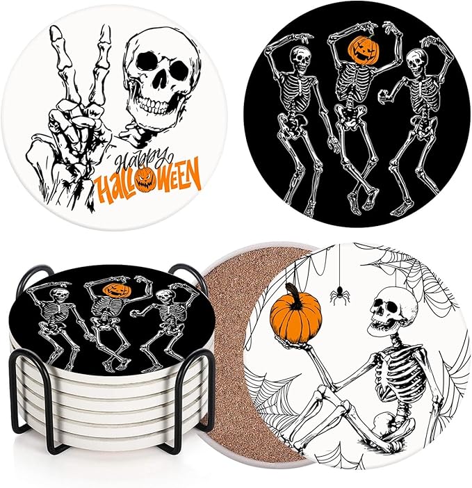 Coaster for Drinks Set of 6, Happy Fall Absorbent Round Ceramic Stone Mat, with Cork Base and Metal Holder-Ruum Studio Home