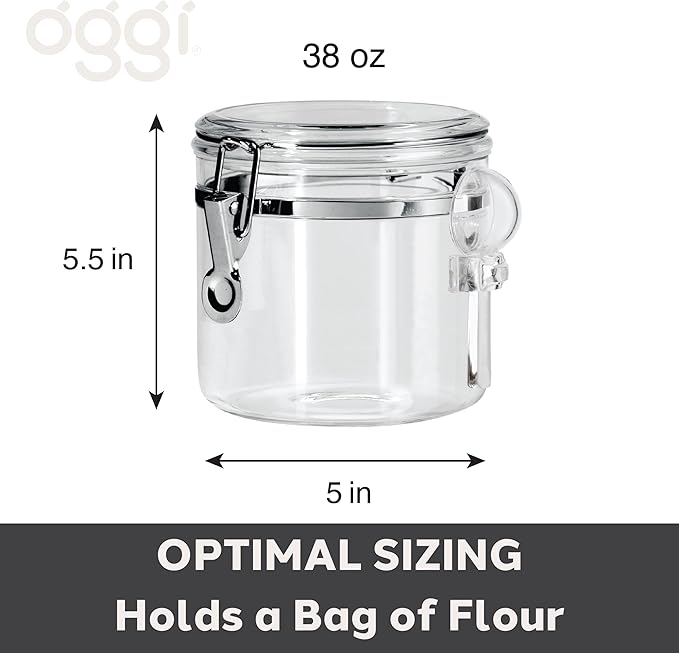 OGGI Clear Canister Airtight 38oz - Clamp Lid & Spoon - Airtight Food Storage Containers, Ideal for Kitchen & Pantry Storage of Bulk, Dry Food Including Flour, Sugar, Coffee, Rice, Tea, Spices & Herbs-Ruum Studio Home
