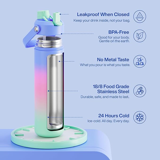 Insulated Water Bottle with Straw Stainless Steel Water Bottle, Leak-Proof, BPA-Free, Double Wall Vacuum Keeps Cold for 24 Hours for Sports, Travel, School (26 oz, Frosted Lilac)-Ruum Studio Home