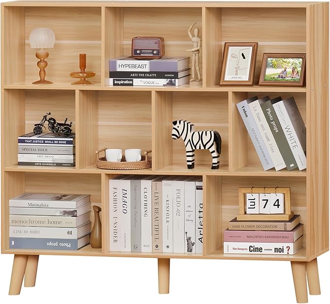 LEYAOYAO 10 Cube Bookshelf,3 Tier Modern Wide Bookcase with Legs,Mid-Century Wood Bookshelves Storage,Natural Large Book Case,Freestanding Organizer Display Shelf for Bedroom,Living Room,Office-Ruum Studio Home