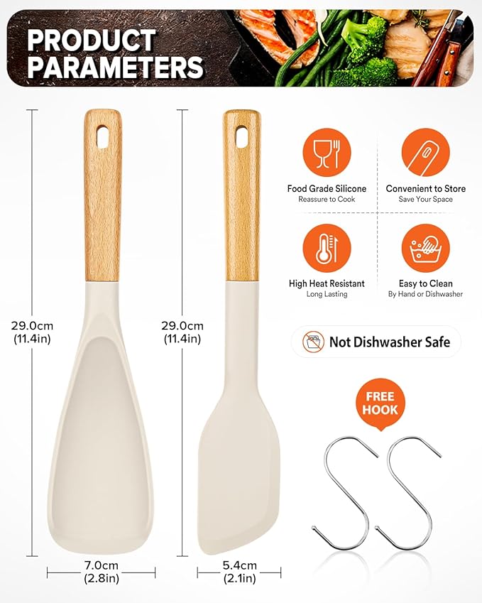 Cooking Spoon and Scraper for Nonstick Cookwares, Great for Cooking and Serving Durable BPA-Free Matte Silicone, Wood Handle Multifunction Spoon for Mixing, Scoop, and Scrape (KHAKI)-Ruum Studio Home