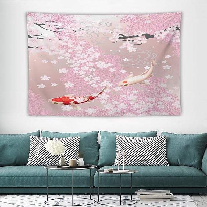 Houselerax Japanese Koi Fish Tapestry, Cherry Blossoms Asian Oriental Pink Flower Branch Koi Fish Carp Tapestries Wall Hanging for Bedroom Living Room Office Decor 60"x40"-Ruum Studio Home