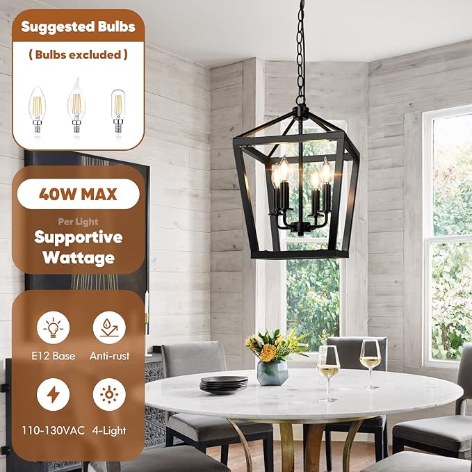 BrightHome Farmhouse Chandelier 4-Light, Black Pendant Light Fixture Ceiling Hanging for Kitchen Island Dining Room, Lantern Industrial Lighting with Metal Cage Adjustable Height for Entryway Foyer-Ruum Studio Home