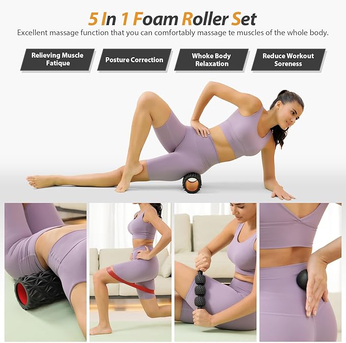 5 in1 Foam Roller Set, Trigger Point Foam Roller, Massage Roller Stick, Massage Ball, Resistance Band for Deep Muscle Massage Pilates Yoga,Fitness Exercise for Whole Body (Pure Black)-Ruum Studio Home