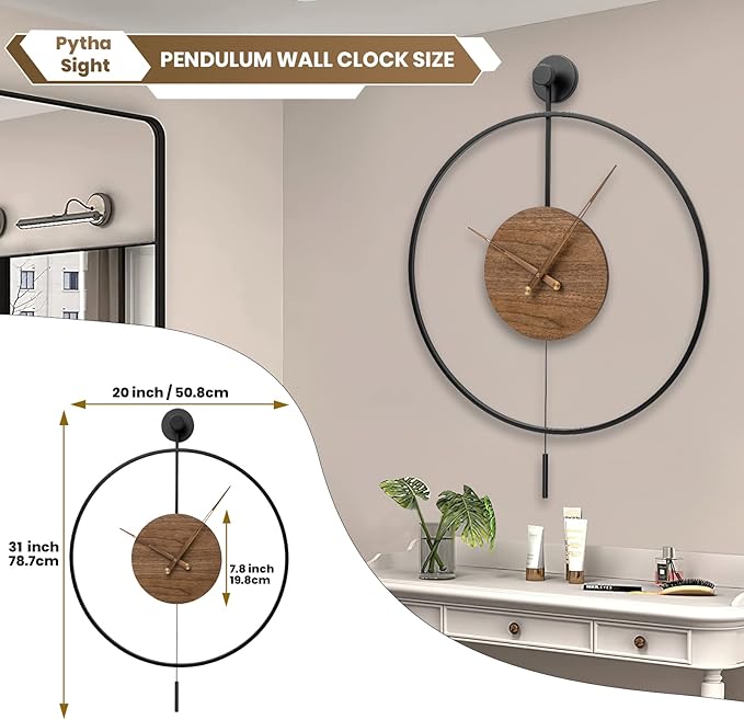 Large Modern Wall Clock,Wall Clocks for Living Room Decor,Classical Silent Metal Minimalist Walnut Dial,Big Decorative Farmhouse Pendulum Wall Clock With Walnut Pointers for Office,Dining Room-Ruum Studio Home